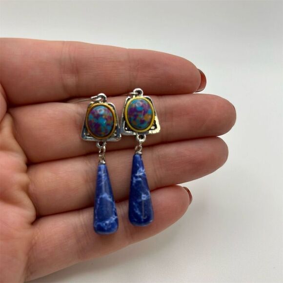 Beautiful Faux Lapis Lazuli Blue Stone Teardrop Dangle Earrings Silver Tone Hook - Picture 6 of 10